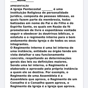 Modelo Profissional de Regimento Interno para Igreja Pentecostal – Word Editável com Doutrina, Cultos, Membros