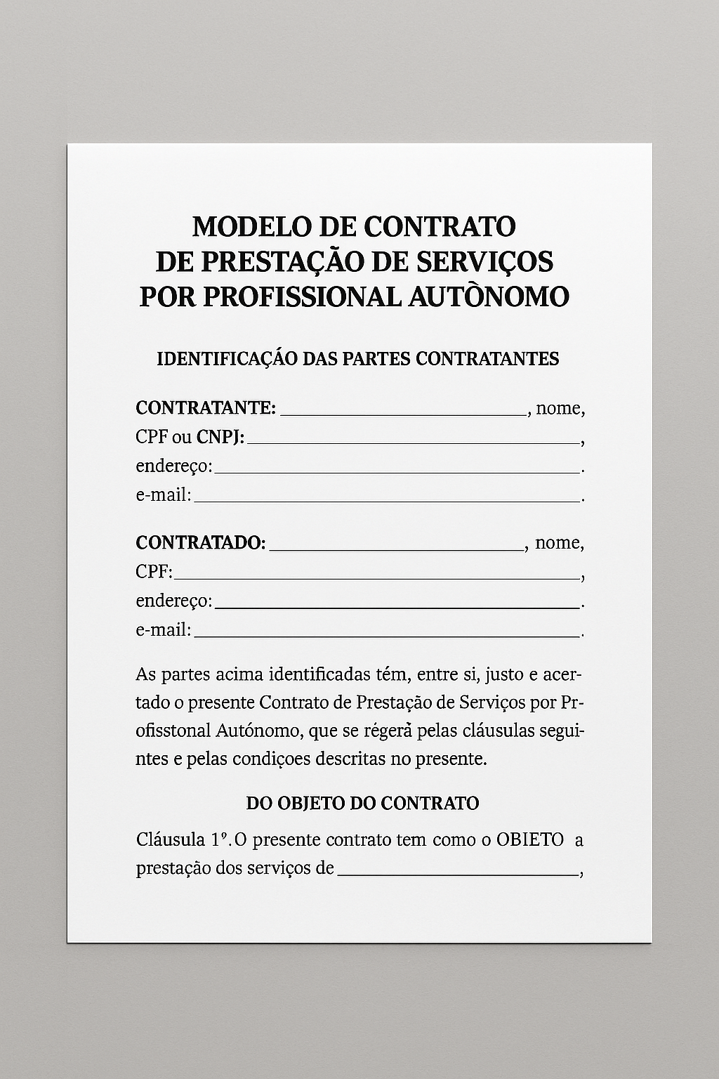 Modelo Profissional de Contrato de Prestação de Serviços por Profissional Autônomo (MEIPF) – Word Editável com Objeto