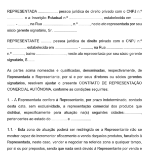 Modelo Profissional de Contrato de Representação Comercial sem Vínculo de Emprego – Word Editável com ObjetoÁrea