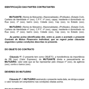 Modelo Profissional de Contrato de Mútuo Financeiro Individual – Mutuante e Mutuário (Pessoa Física) em Word Editável