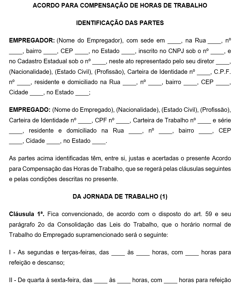 Modelo Profissional de Acordo para Compensação de Horas de Trabalho (Banco/Compensação de Horas) – Word Editável com Regras de Jornada