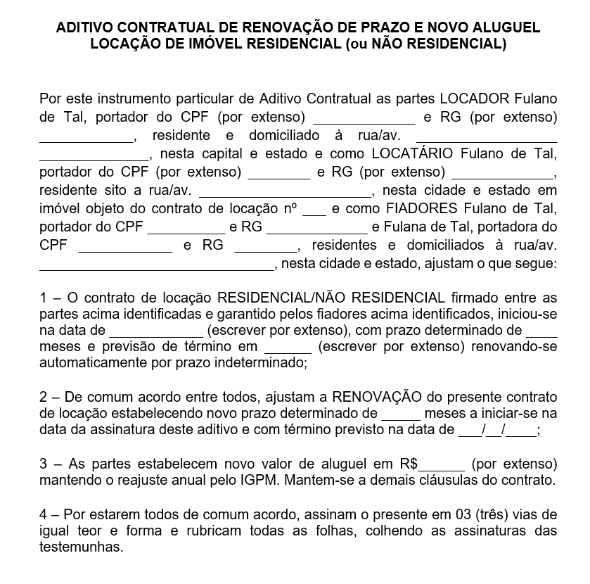 Termo Aditivo de Renovação de Prazo e Reajuste de Aluguel — Modelo Editável (ResidencialComercial)