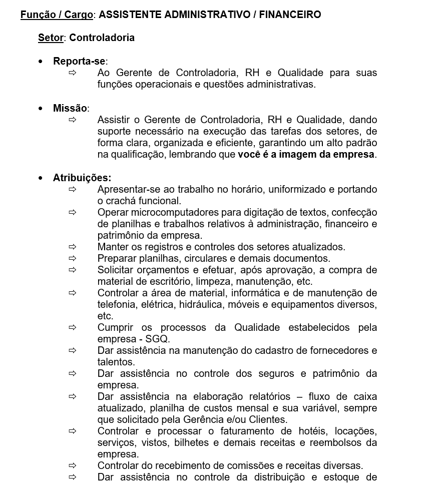Modelo de Descrição de Cargo: Assistente Administrativo e Financeiro — Documento Editável em Word