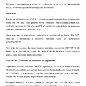 Modelo de Contrato de Prestação de Serviço de Decoração de Festa — Editável em Word com Materiais, Prazo de Montagem