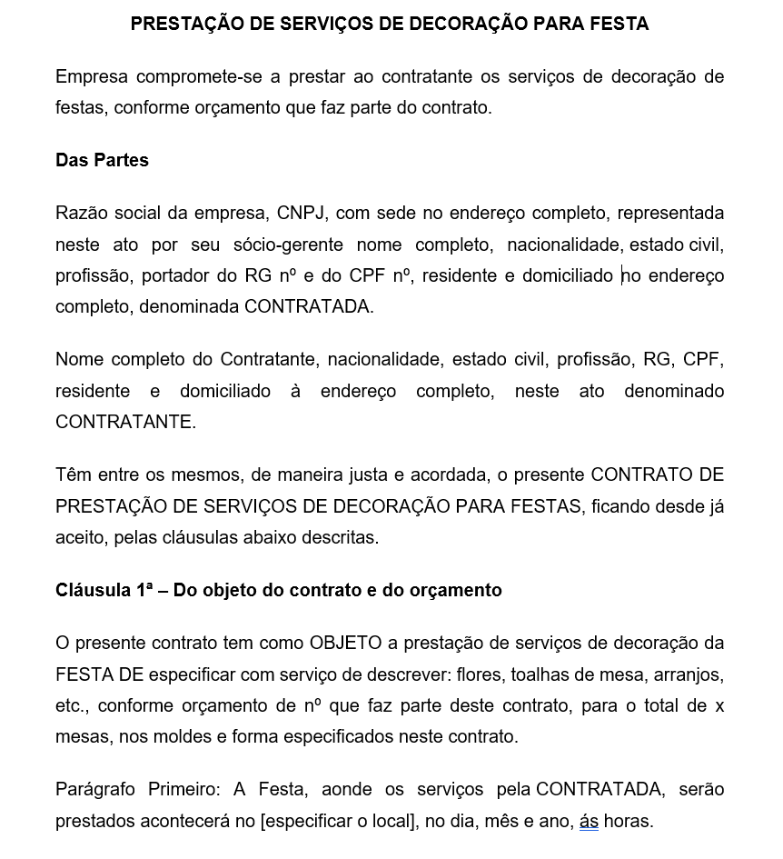 Modelo de Contrato de Prestação de Serviço de Decoração de Festa — Editável em Word com Materiais, Prazo de Montagem