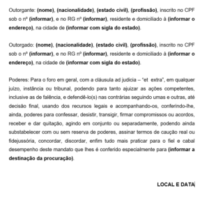 Modelo de Procuração Ad Judicia (et extra) — Carta de Procuração para Ações Judiciais, Recursos, Acordos e Substabelecimento  Word Editável