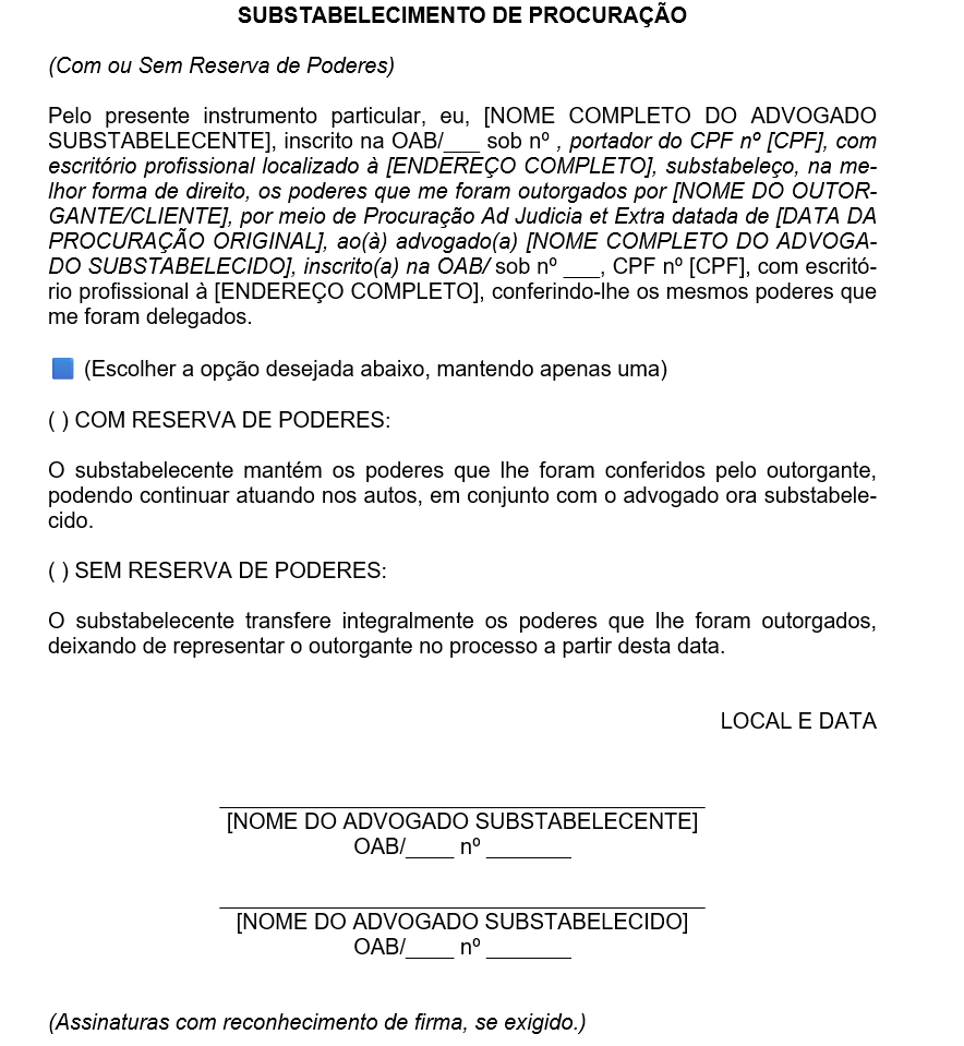 Modelo de Substabelecimento de Procuração — Com e Sem Reserva de Poderes | Documento Jurídico Editável em Word para Advogados e Escritórios