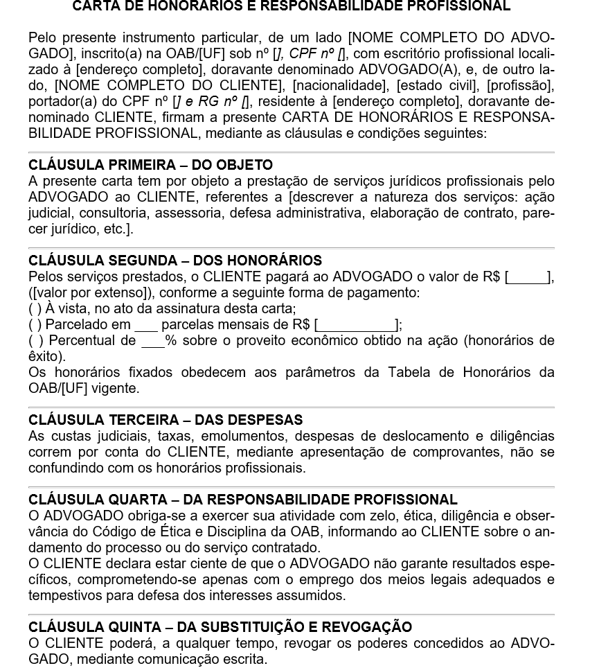 Modelo de Carta de Honorários e Responsabilidade Profissional (OAB) — Documento Editável em Word para Advogados e Escritórios de Advocacia