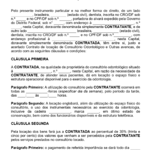 Modelo de Contrato de Locação de Consultório Odontológico — Espaço, Equipamentos, Responsabilidades e Multa (Word Editável)