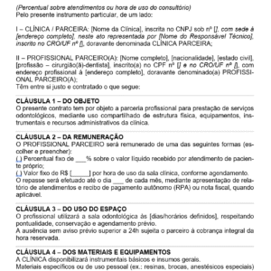 Modelo de Contrato de Parceria e Rateio em Clínica Odontológica — Percentual por Atendimento ou Hora de Uso - Documento Profissional Editável em Word