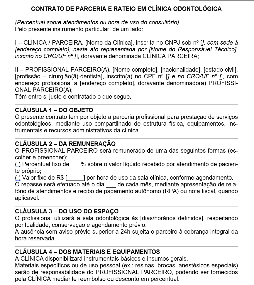 Modelo de Contrato de Parceria e Rateio em Clínica Odontológica — Percentual por Atendimento ou Hora de Uso - Documento Profissional Editável em Word