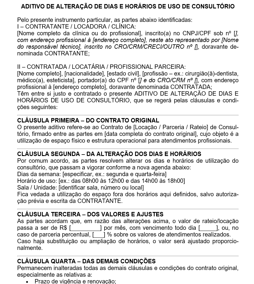 Modelo de Aditivo de Alteração de Dias e Horários de Uso de Consultório — Documento Editável em Word para Clínicas e Profissionais da Saúde