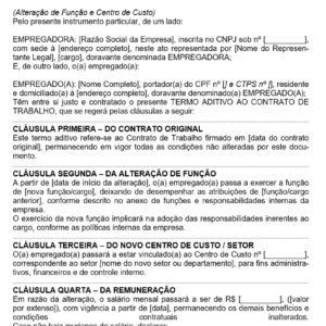 Modelo de Termo Aditivo com Alteração na Função e no Centro de Custo — Documento Editável em Word para Atualização de Contrato de Trabalho
