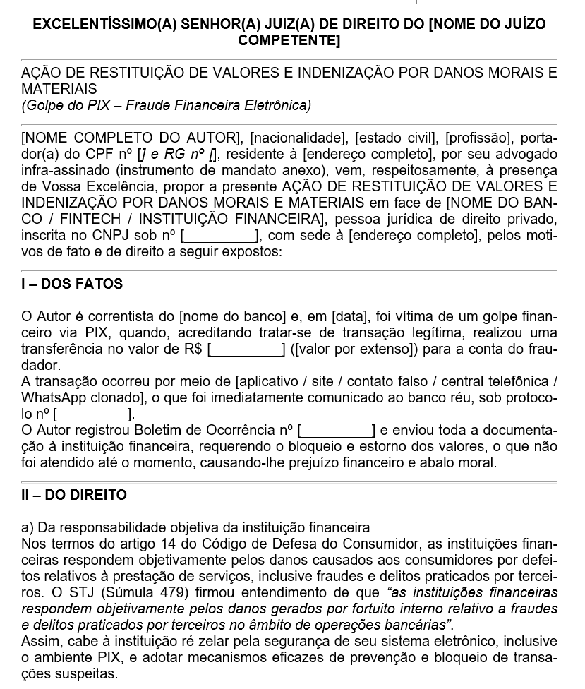 Modelo de Petição Inicial – Golpe do PIX | Ação de Restituição de Valores e Indenização por Danos Morais e Materiais (Word Editável)
