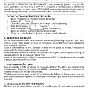 Modelo de Declaração de Golpe do PIX — Documento Editável em Word para Anexar ao Processo Judicial ou Reclamação Bancária