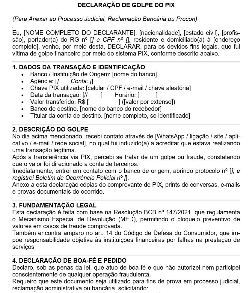 Modelo de Declaração de Golpe do PIX — Documento Editável em Word para Anexar ao Processo Judicial ou Reclamação Bancária