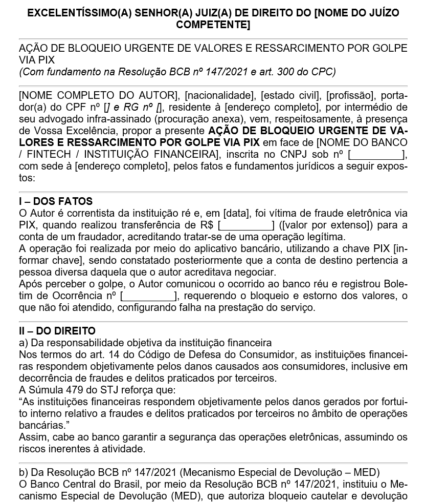 Modelo de Petição de Bloqueio Urgente de Valores via PIX — Com Base na Resolução BCB nº 147/2021 (Mecanismo Especial de Devolução)
