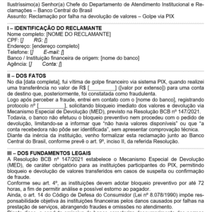 Modelo de Reclamação ao Banco Central por Falha na Devolução de PIX Fraudado — Solicitação de Providências e Bloqueio de Valores