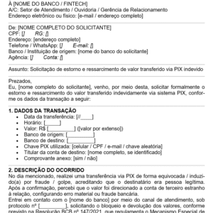 Modelo de Carta de Solicitação de Estorno e Ressarcimento de PIX Indevido — Documento Editável em Word conforme Resolução BCB nº 147/2021