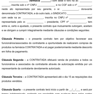 Modelo de Contrato de Vendas sob Forma de Convênio com Farmácia — Desconto em Folha de Pagamento de Funcionário Documento Editável em Word