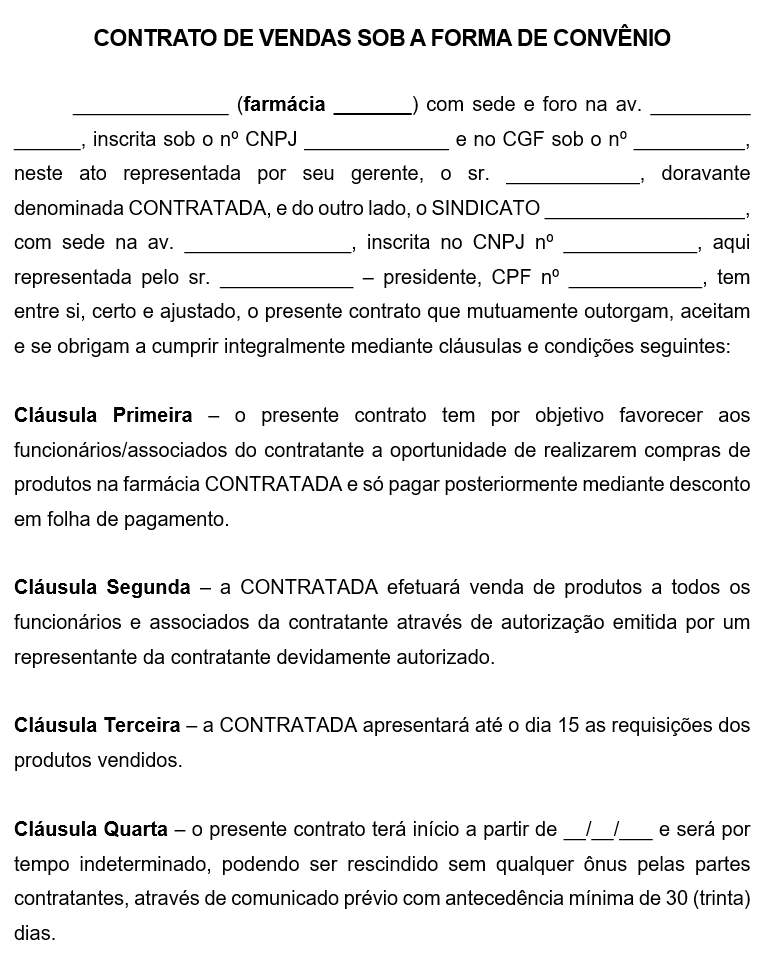 Modelo de Contrato de Vendas sob Forma de Convênio com Farmácia — Desconto em Folha de Pagamento de Funcionário Documento Editável em Word