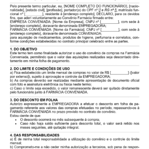 Modelo de Termo de Adesão ao Convênio Farmácia (Funcionário) — Autorização para Compras com Desconto em Folha | Documento Editável em Word