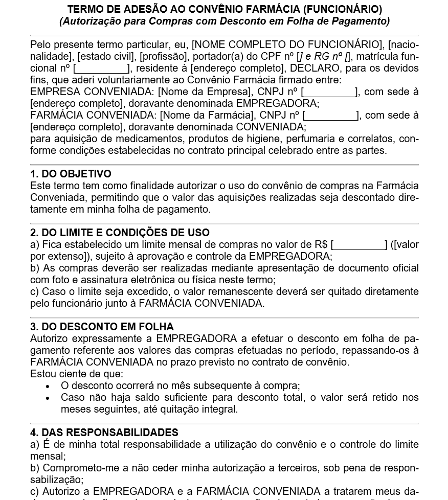 Modelo de Termo de Adesão ao Convênio Farmácia (Funcionário) — Autorização para Compras com Desconto em Folha | Documento Editável em Word