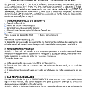 Modelo de Declaração de Desconto em Folha de Pagamento — Autorização Individual do Funcionário | Documento Editável em Word