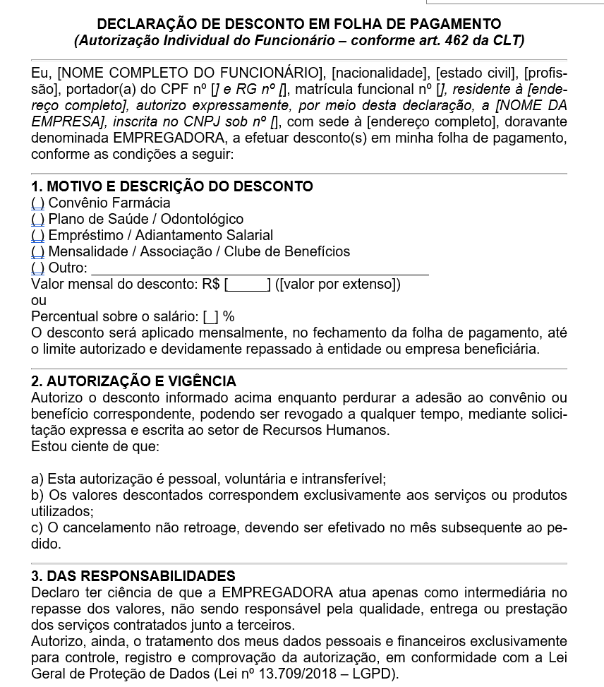 Modelo de Declaração de Desconto em Folha de Pagamento — Autorização Individual do Funcionário | Documento Editável em Word