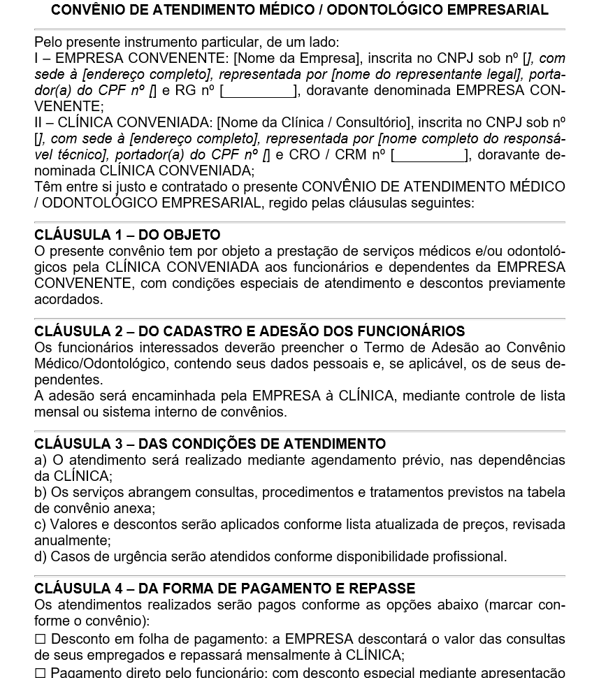 Modelo de Convênio de Atendimento Médico ou Odontológico Empresarial — Acordo entre Empresa e Clínica | Documento Editável em Word