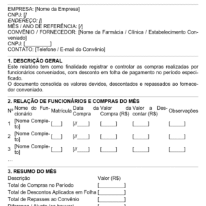 Modelo de Relatório Mensal de Compras e Descontos – Controle Interno de Convênios e Folha de Pagamento | Planilha e Documento Editável em Word