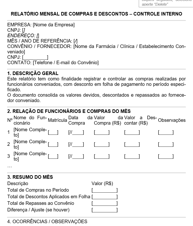 Modelo de Relatório Mensal de Compras e Descontos – Controle Interno de Convênios e Folha de Pagamento | Planilha e Documento Editável em Word