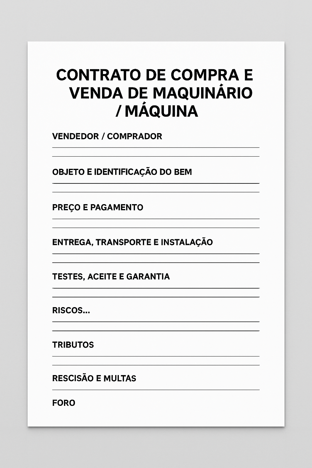Modelo Profissional de Contrato de Compra e Venda de Maquinário e Máquinas – Word Editável com Identificação do Equipamento