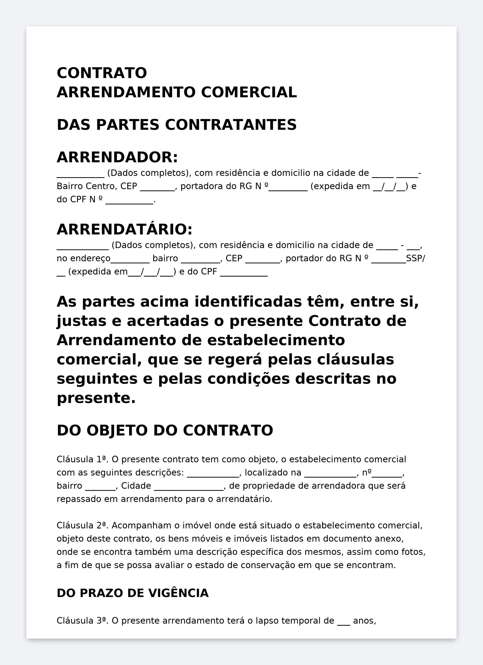 Modelo Profissional de Contrato de Arrendamento Comercial – Word Editável