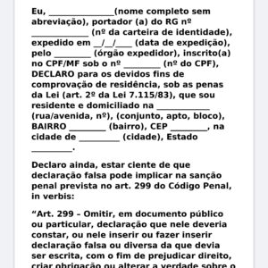 Modelo Profissional de Declaração de Residência Comprovante de Endereço – Word Editável com Dados do Declarante