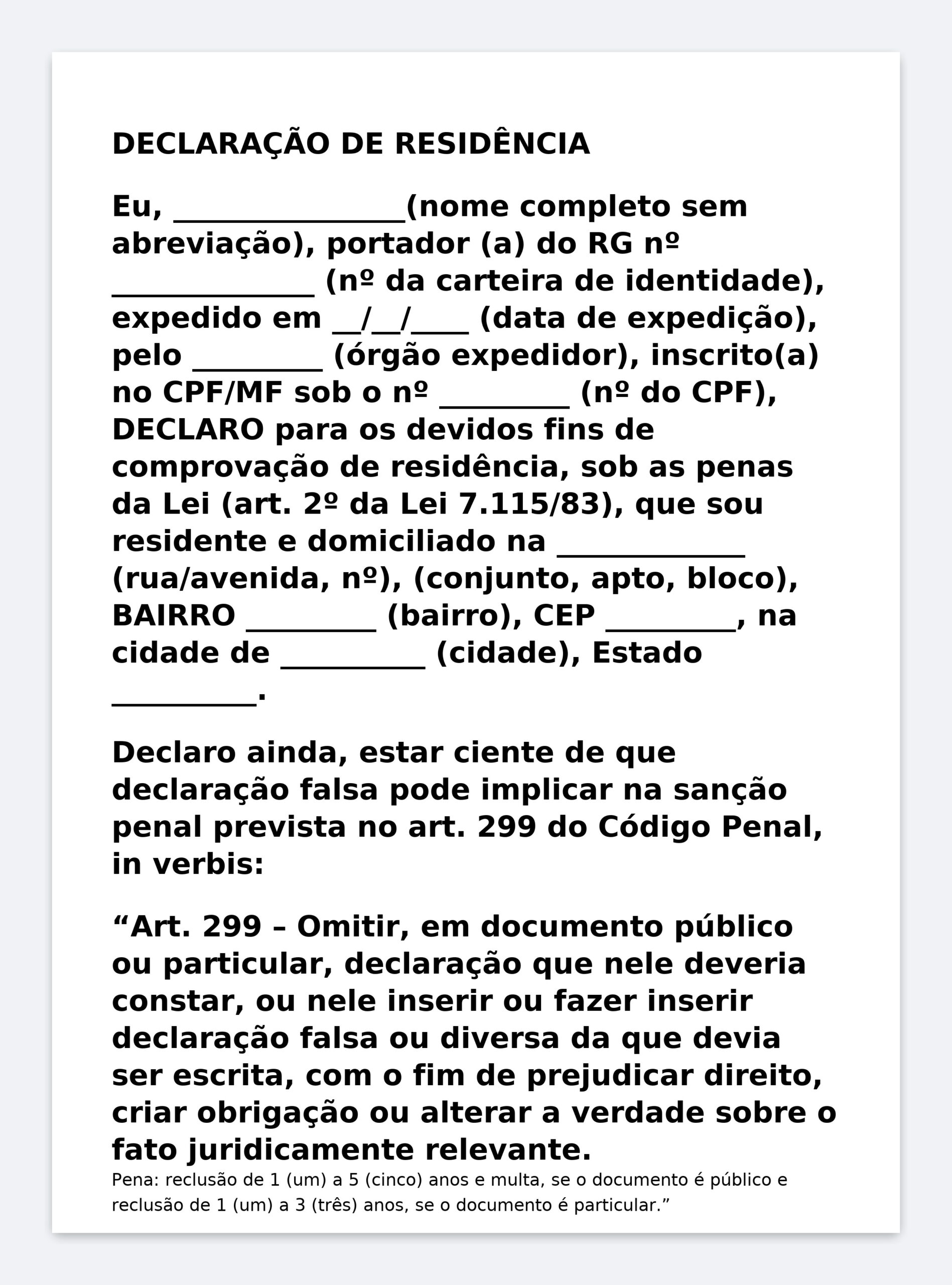 Modelo Profissional de Declaração de Residência Comprovante de Endereço – Word Editável com Dados do Declarante