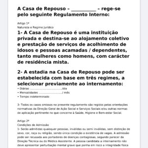 Modelo Profissional de Regimento Interno para Casa de Repouso (ILPI) – Word Editável com Admissão, Direitos e Deveres