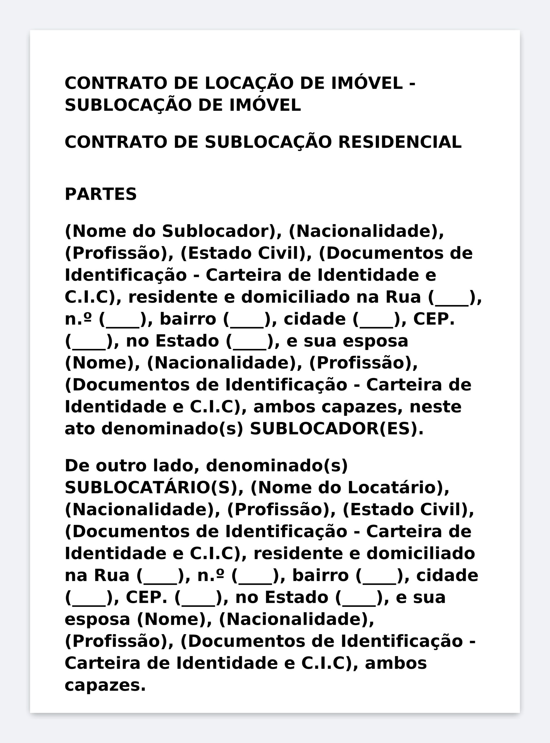 Modelo Profissional de Contrato de Sublocação Residencial – Word Editável com Partes
