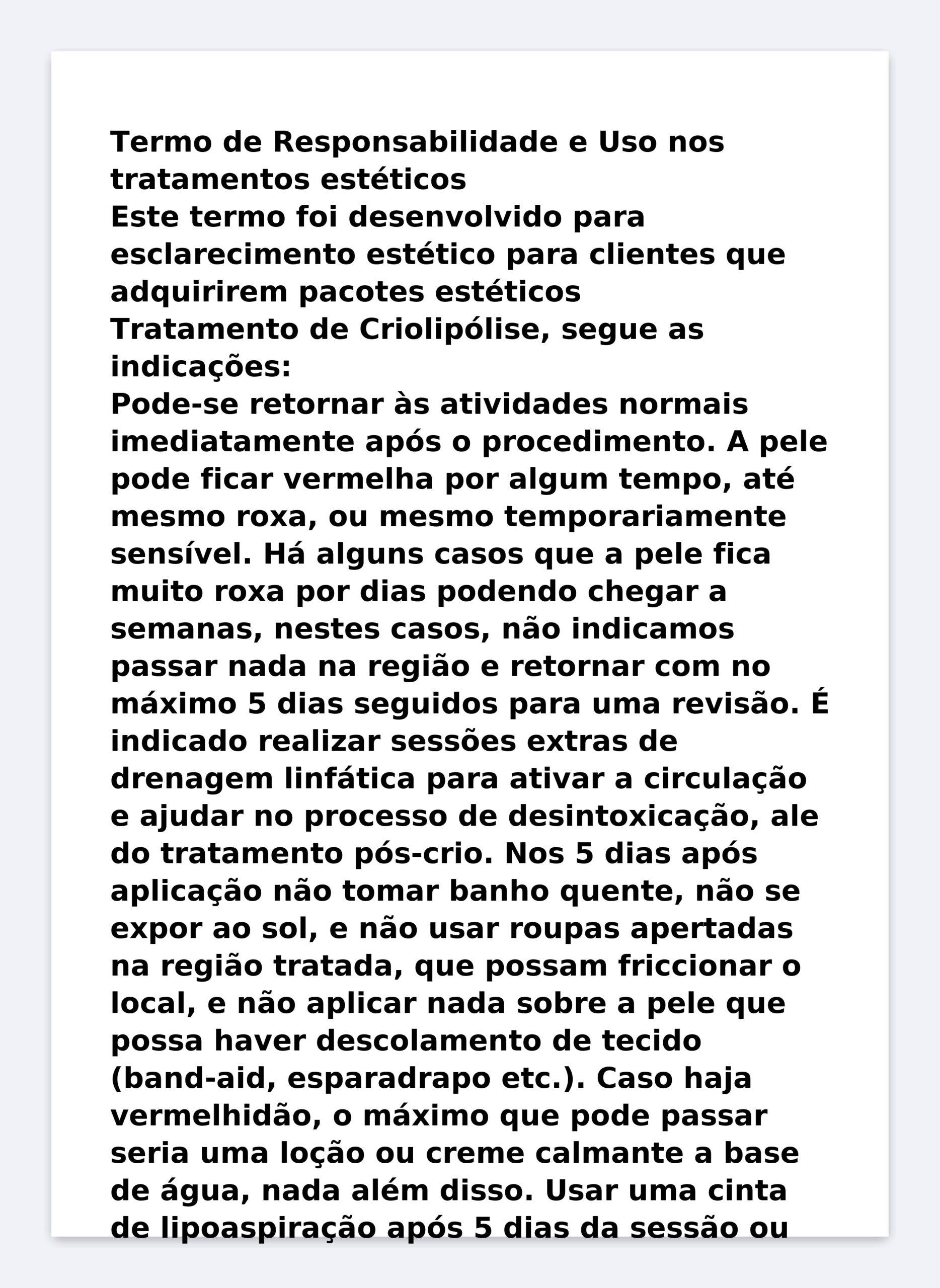 Modelo Profissional de Termo de Responsabilidade de Criolipólise e Tratamentos Estéticos – Word Editável