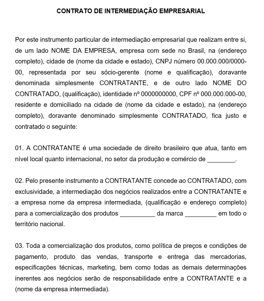 Modelo de Contrato de Intermediação Empresarial Comercial — Exclusividade, Comissão por Vendas, Prazo, Rescisão e Foro Word Editável