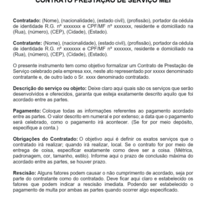 Modelo de Contrato de Prestação de Serviço MEI — Escopo, Pagamento, Obrigações, Rescisão e Assinaturas Word Editável