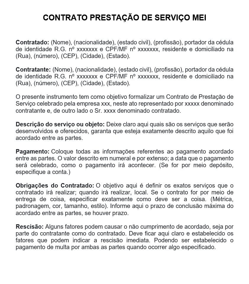 Modelo de Contrato de Prestação de Serviço MEI — Escopo, Pagamento, Obrigações, Rescisão e Assinaturas Word Editável