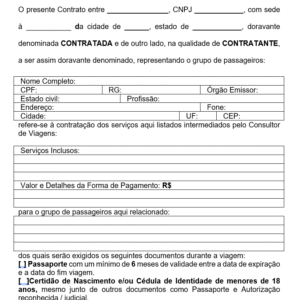 Modelo de Contrato de Corretagem de Viagem Turística — Intermediação, Responsabilidades, Cancelamentos, Documentos e Pagamentos Word Editável