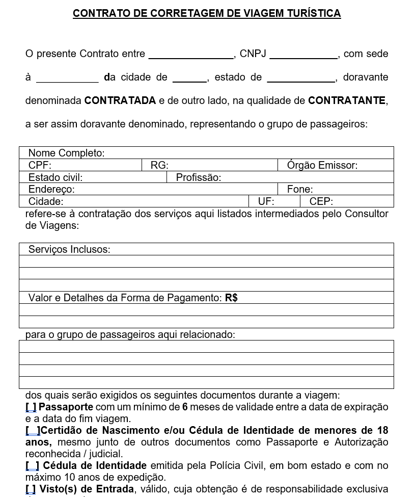 Modelo de Contrato de Corretagem de Viagem Turística — Intermediação, Responsabilidades, Cancelamentos, Documentos e Pagamentos Word Editável
