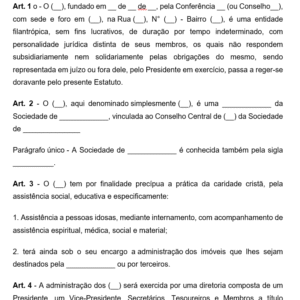 Modelo de Estatuto de Entidade Filantrópica sem Fins Lucrativos — Finalidade Social, Diretoria, Patrimônio, Receitas, Convênios e Dissolução Word Editável