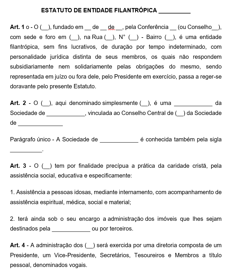 Modelo de Estatuto de Entidade Filantrópica sem Fins Lucrativos — Finalidade Social, Diretoria, Patrimônio, Receitas, Convênios e Dissolução Word Editável