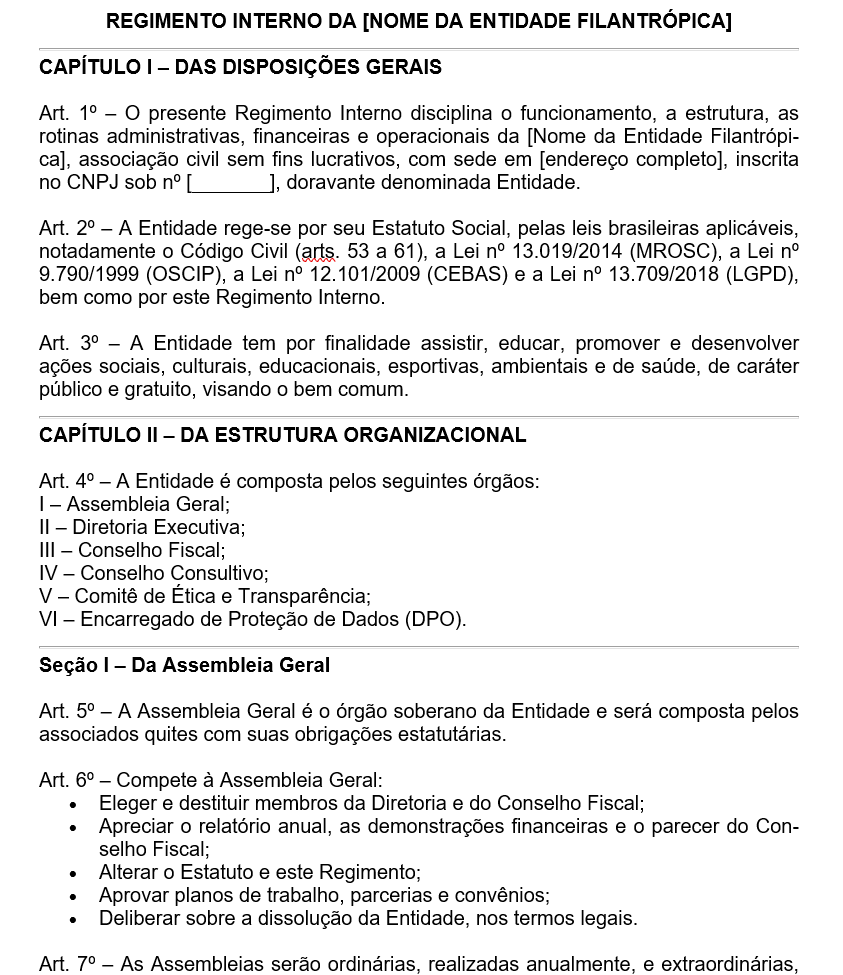 Modelo de Regimento Interno de Entidade Filantrópica — Estrutura, Órgãos, Rotinas Administrativas, Prestação de Contas, Transparência e LGPD | Word Editável