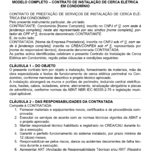 Modelo de Contrato de Instalação de Cerca Elétrica em Condomínio — Responsabilidades Técnicas, Garantia, Normas de Segurança e Prazo de Execução | Word Editável