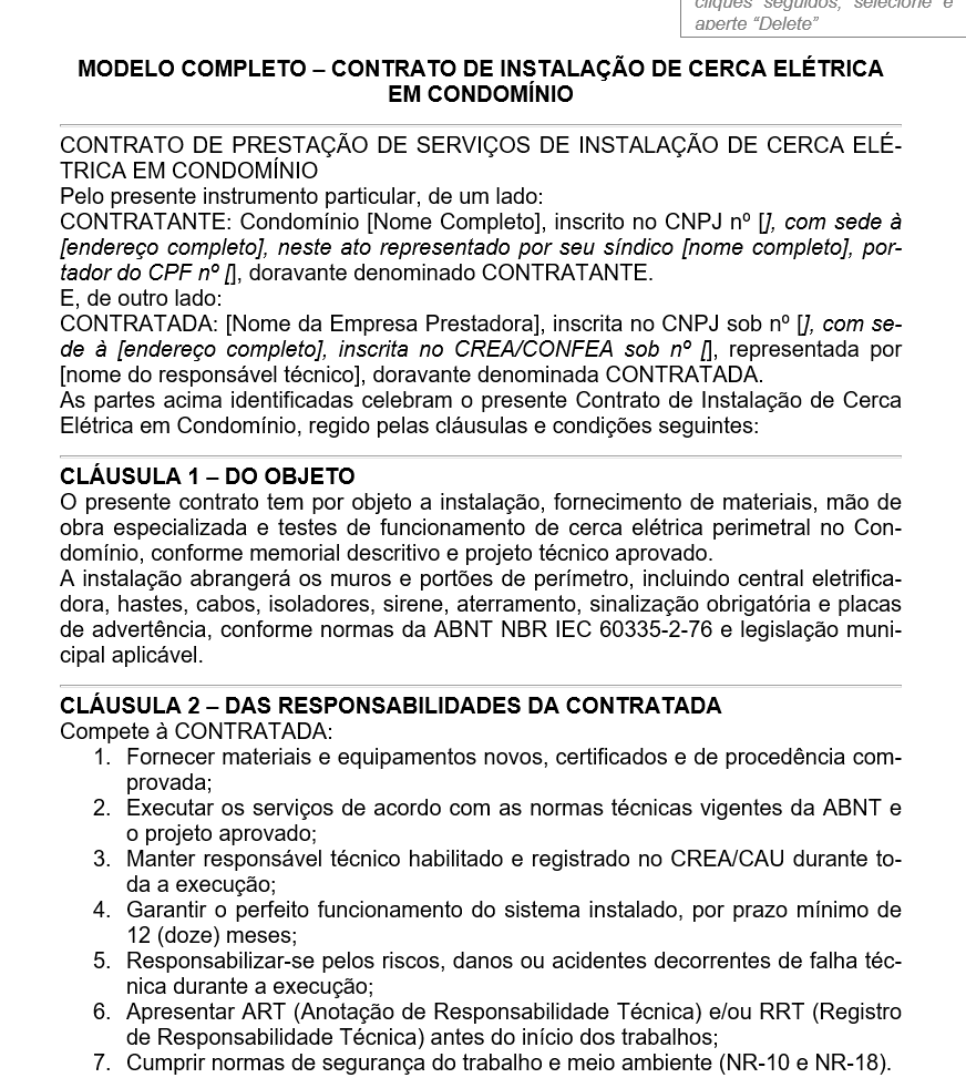 Modelo de Contrato de Instalação de Cerca Elétrica em Condomínio — Responsabilidades Técnicas, Garantia, Normas de Segurança e Prazo de Execução | Word Editável