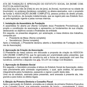Modelo de Ata de Fundação e Aprovação do Estatuto de Associação Civil — Constituição, Eleição da Diretoria, Registro em Cartório e Conformidade Legal | Word Editável